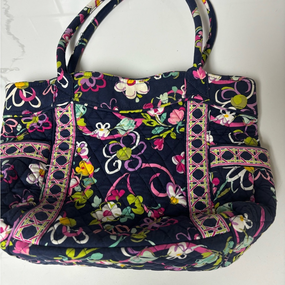 Vera Bradley Mandy Ribbons Pattern Navy Blue with Pink Flowers Shoulder Bag